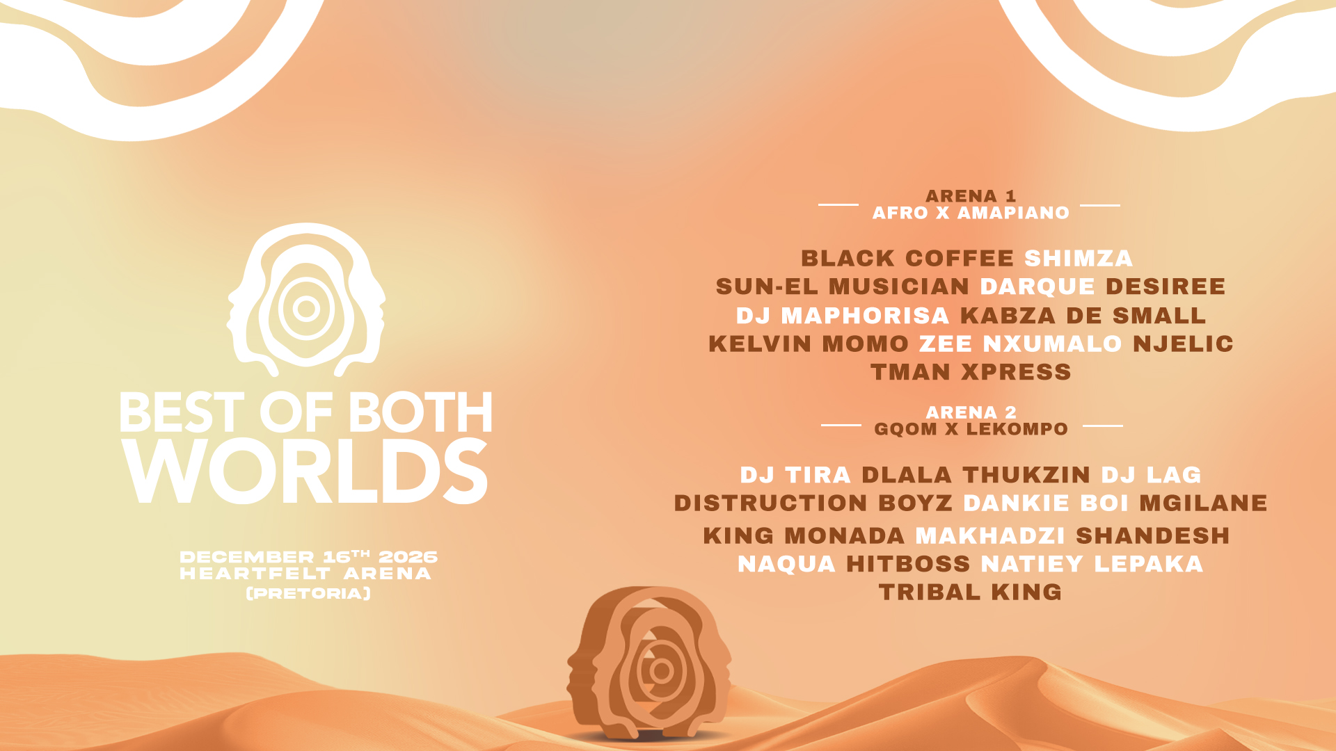 Official 2026 Best of Both Worlds festival promotional artwork showing the two-stage lineup for Heartfelt Arena Pretoria on 16 December
